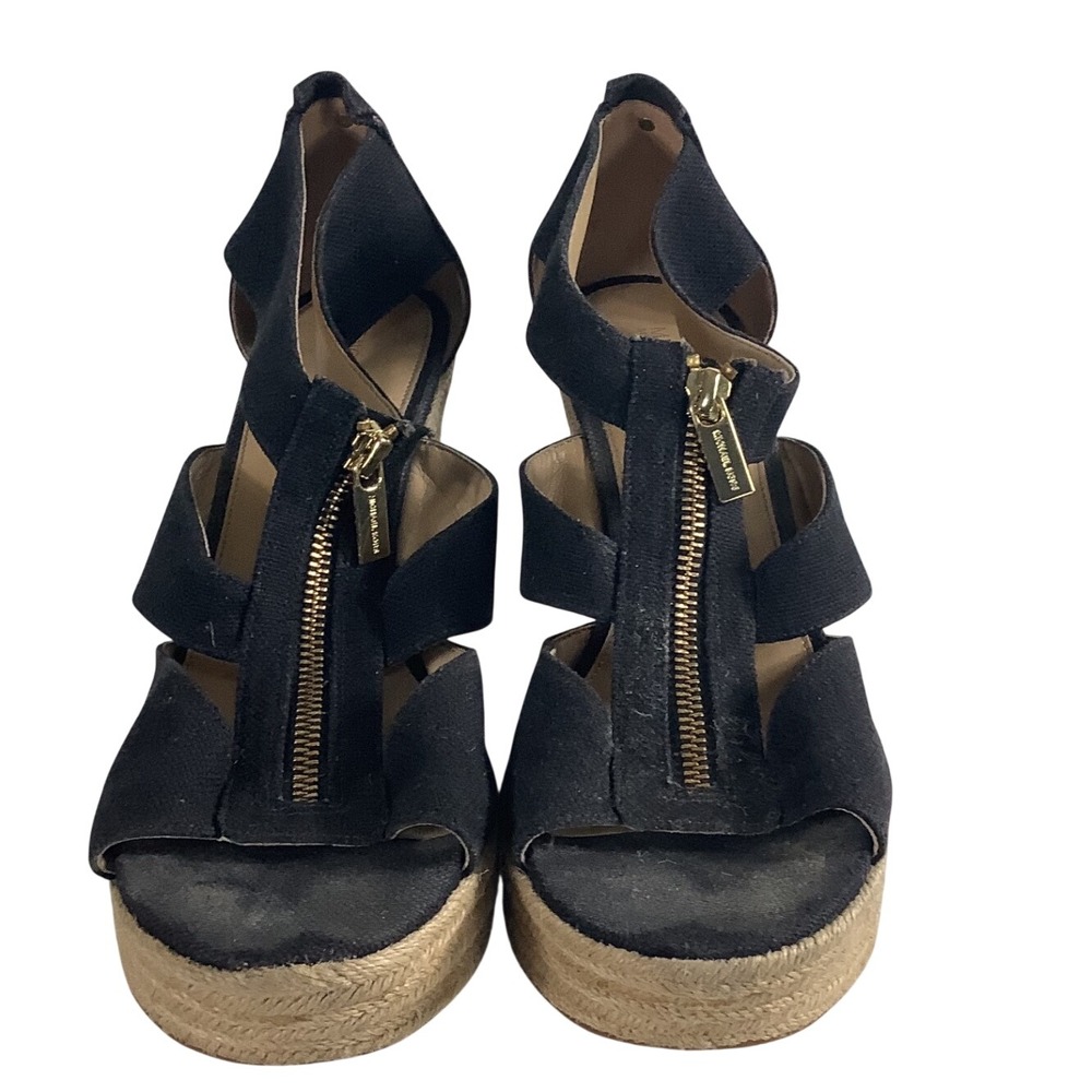 Michael Kors Damita Black Canvas Espadrille Wedge Sandals Gold Zip Size‎ 8.5M